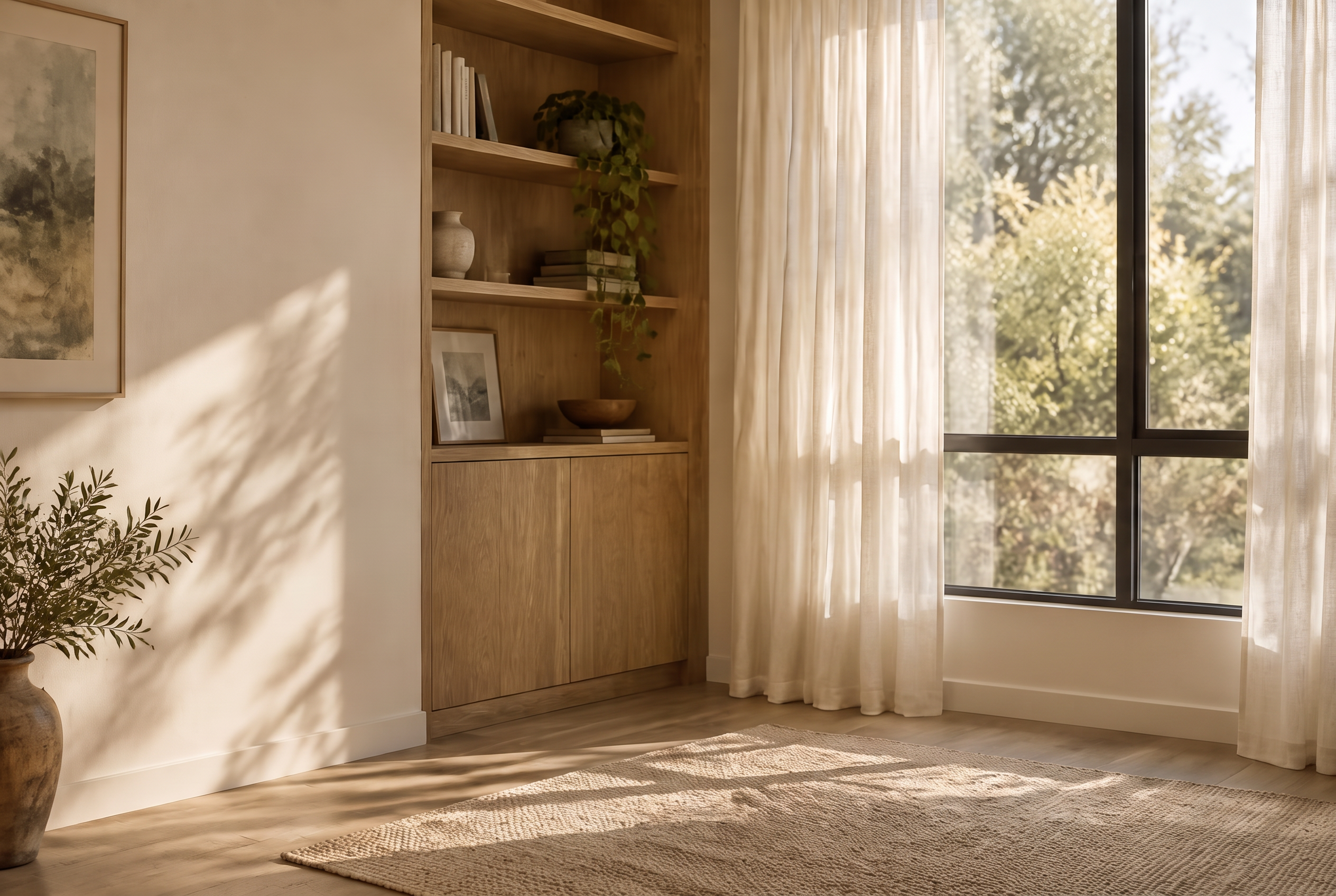 A calm home office with warm sunlight, shelving and a sheer curtain